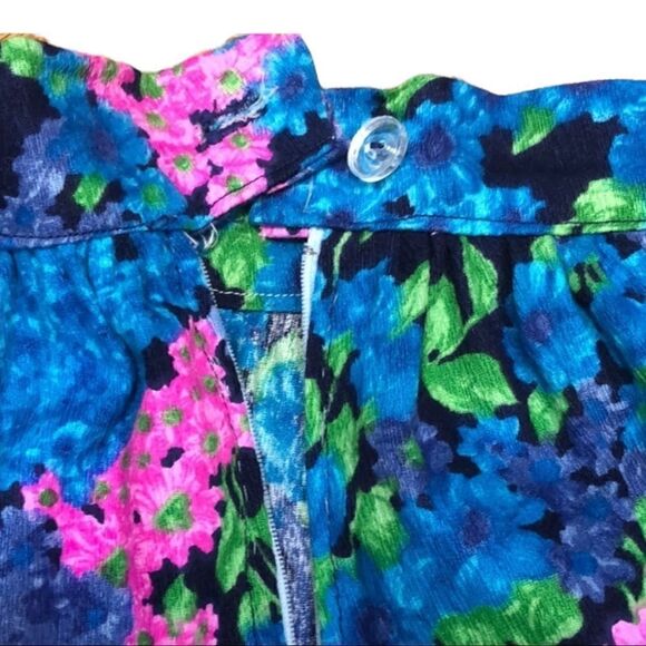 Vintage 60s 70s Handmade Floral Mini Skirt Blue Pink Green High Waist Pleated - Picture 9 of 10